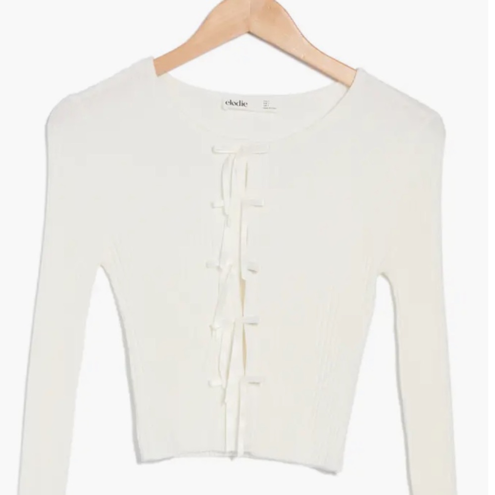 Elodie Cream Ribbed Crop Top with Front Ties Bows NWT